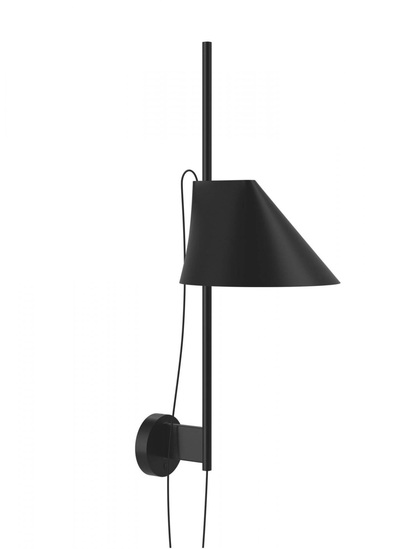 Schwarze Yuh LED Wandleuchte von Louis Poulsen mit kegelförmigem Lampenschirm und minimalistischem Design.